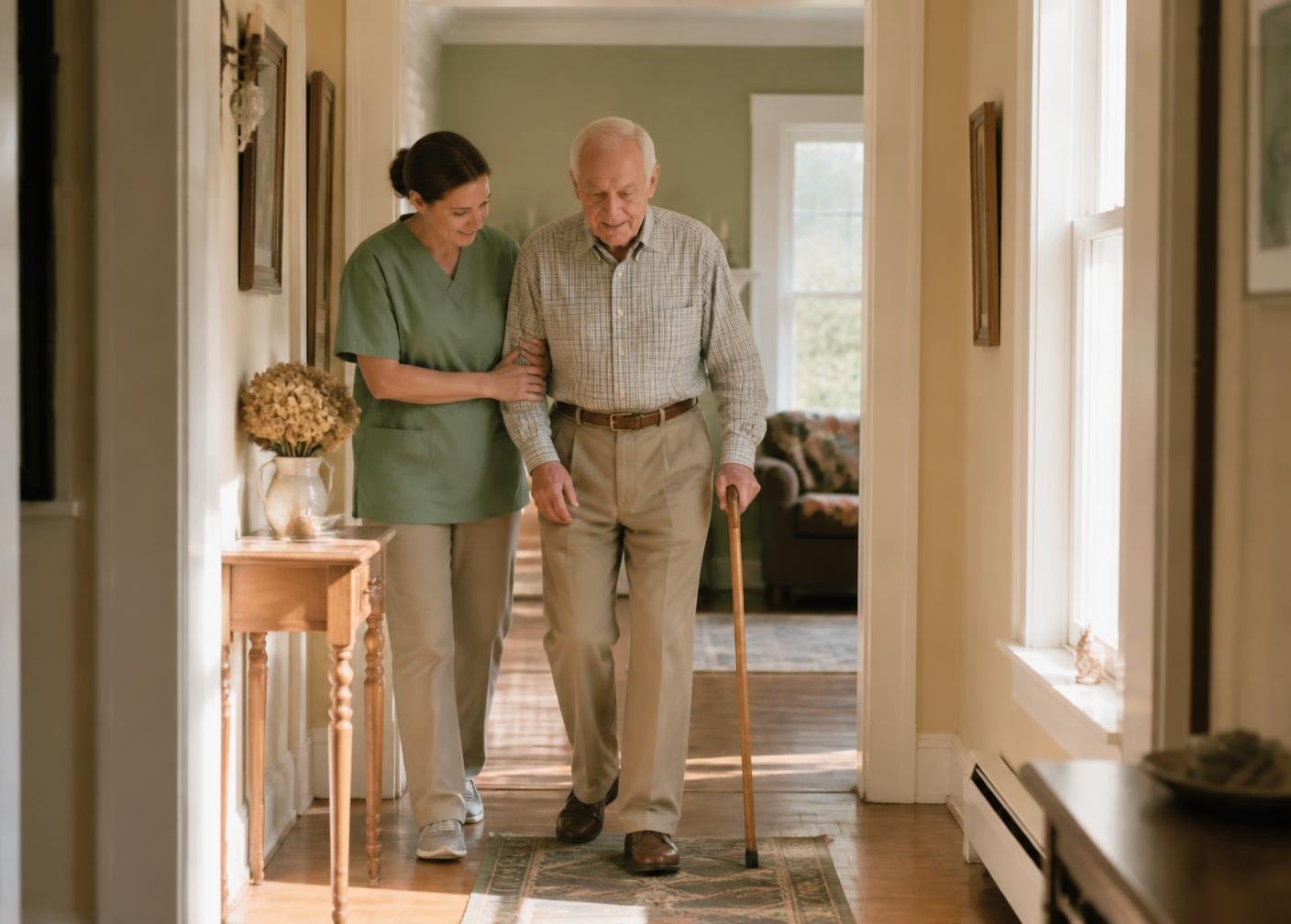 A caregiver assisting an elderly man walking with a cane at home